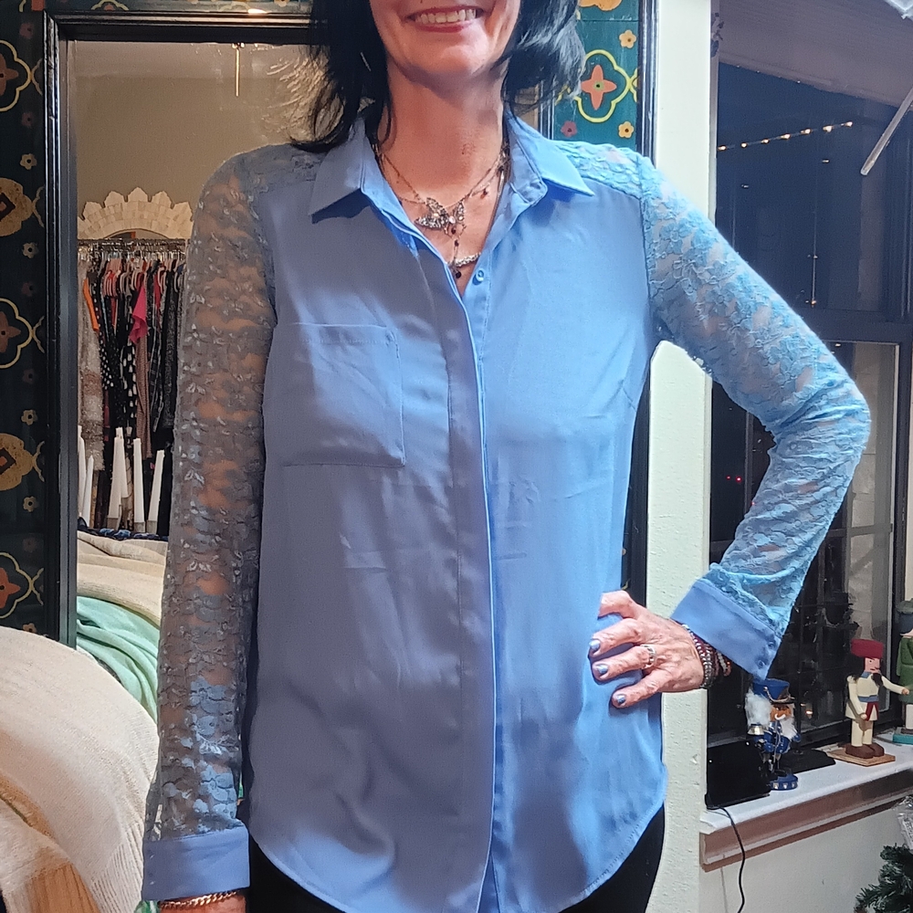 Forever 21 Blue Lace Sleeve Button Down Shirt